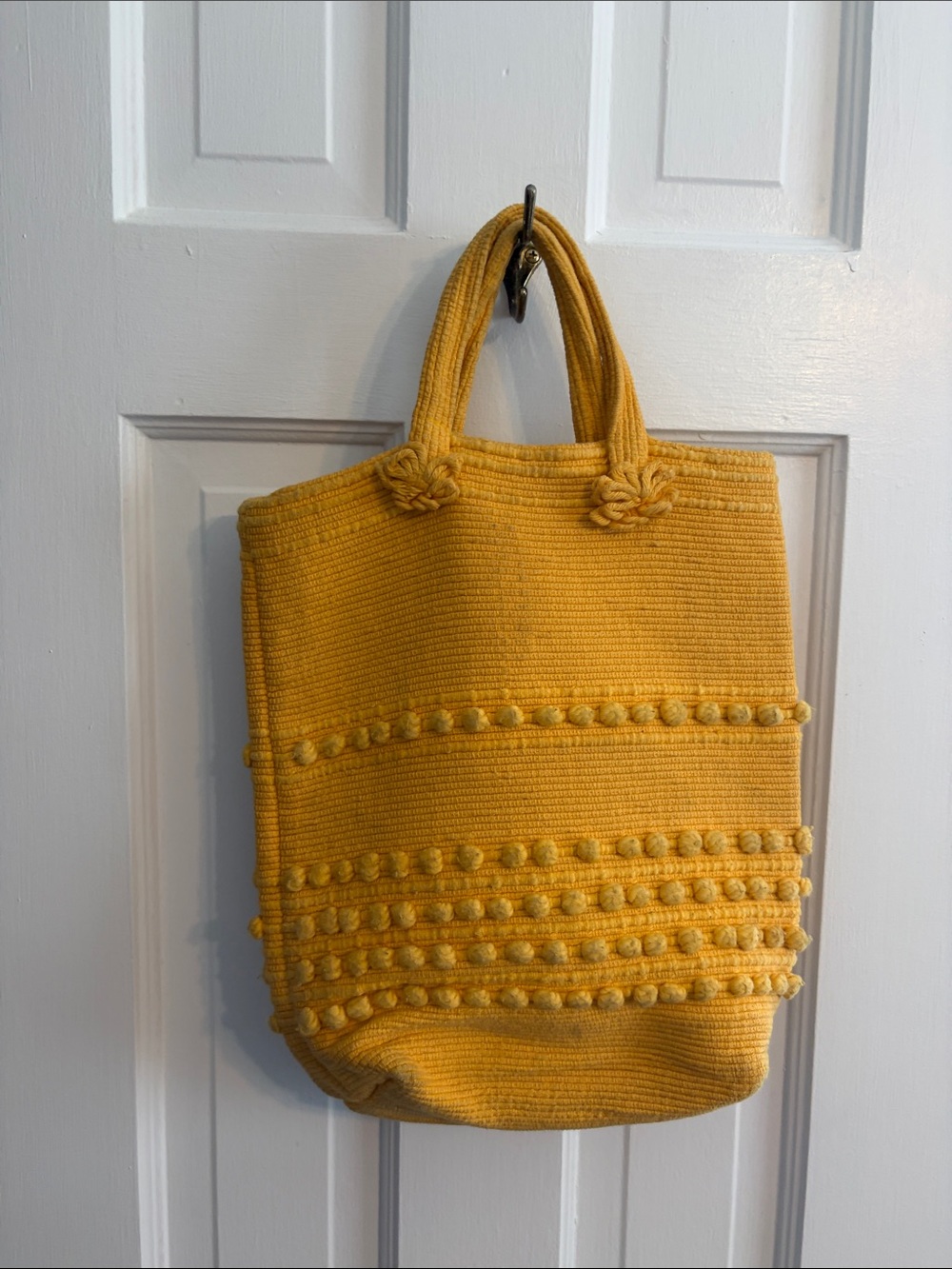 Yellow Knit Pom-Pom Tote Bag
